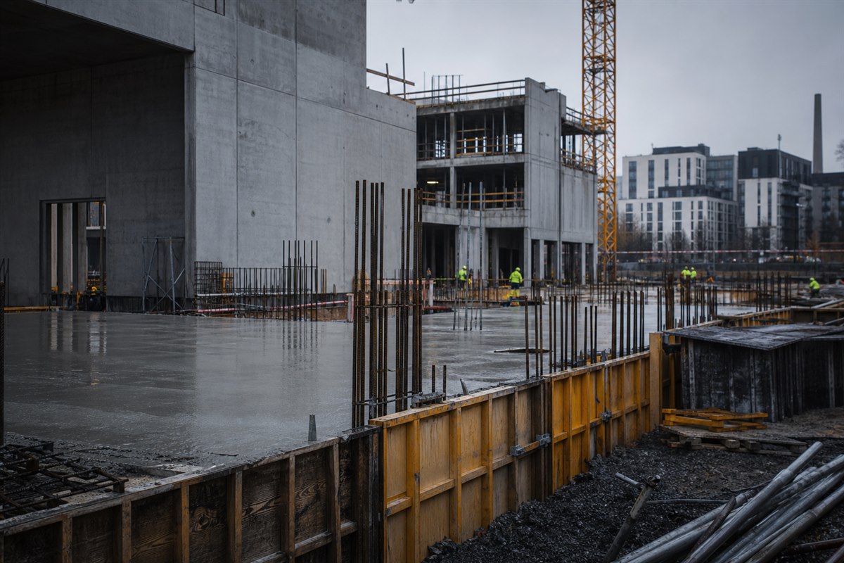 Betonirakentamista työmaalla